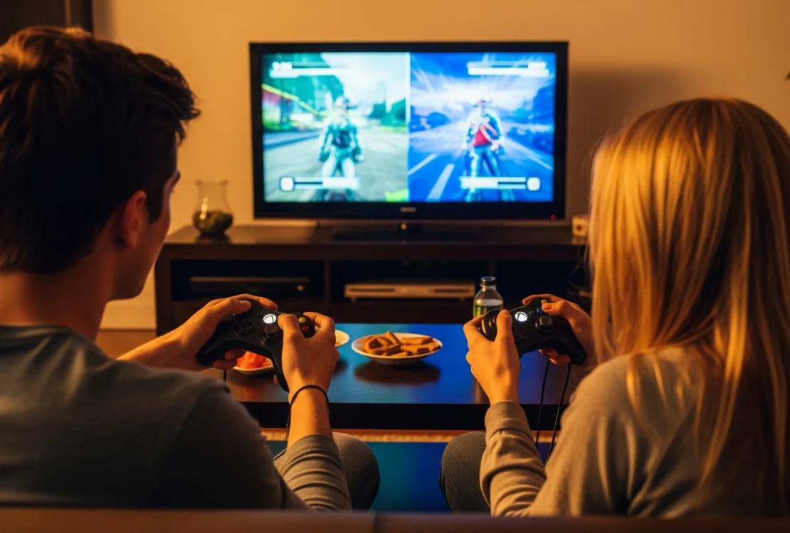 Two friends enjoying one of the best Xbox 360 co-op offline split-screen games on a couch.