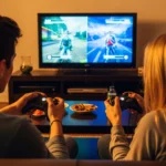 Two friends enjoying one of the best Xbox 360 co-op offline split-screen games on a couch.