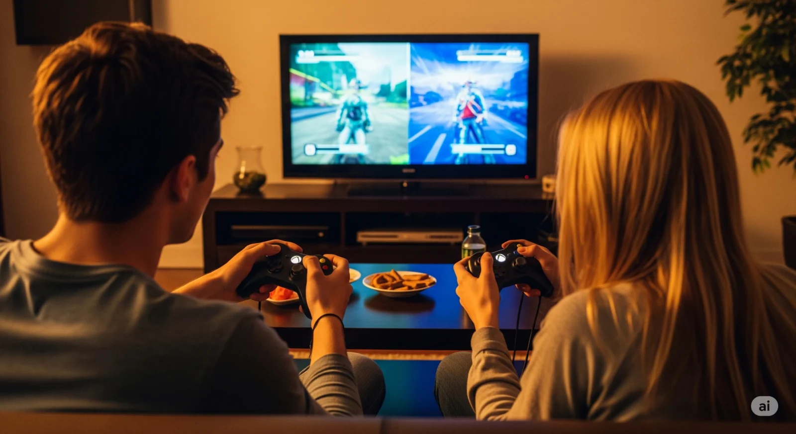 Two friends enjoying one of the best Xbox 360 co-op offline split-screen games on a couch.