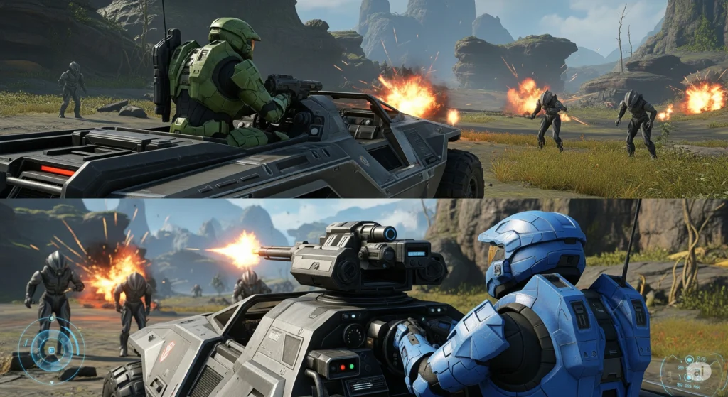 Two players in Halo 3 co-op offline split-screen, driving a Warthog and shooting at enemies on an Xbox 360.