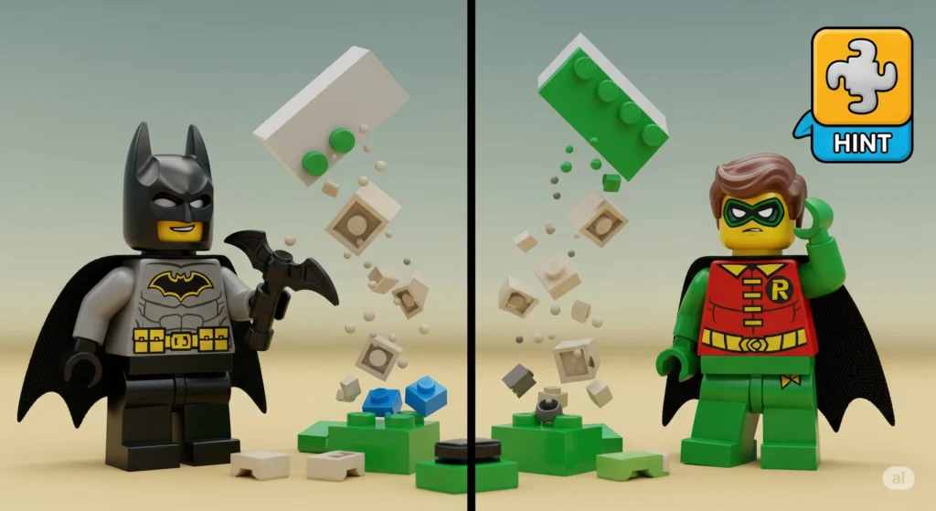 LEGO Batman and Robin working together to solve a puzzle in one of the many LEGO co-op offline games for Xbox 360.