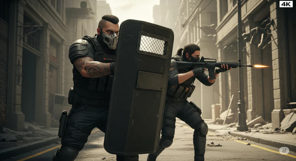 Two players using the unique co-op mechanics of Army of Two, with one using a shield and the other providing fire.