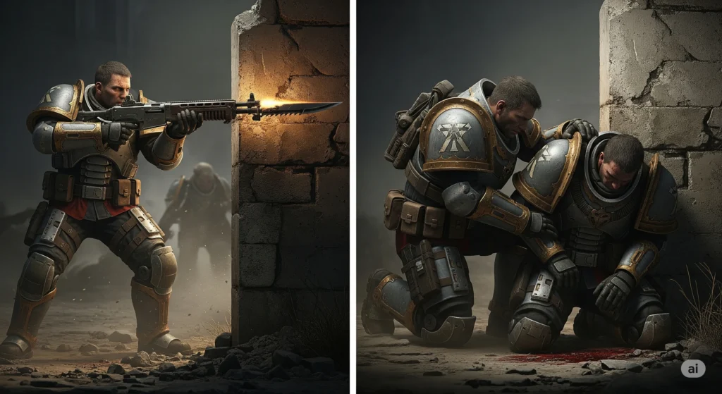Players work together in Gears of War, one of the best Xbox 360 co-op offline split-screen games, providing cover fire.