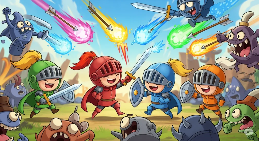 The four colorful knights of Castle Crashers in a frantic battle, showcasing its fun co-op gameplay.