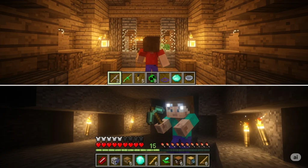 Two players in Minecraft on Xbox 360 playing split-screen; one is building a house while the other mines for diamonds.