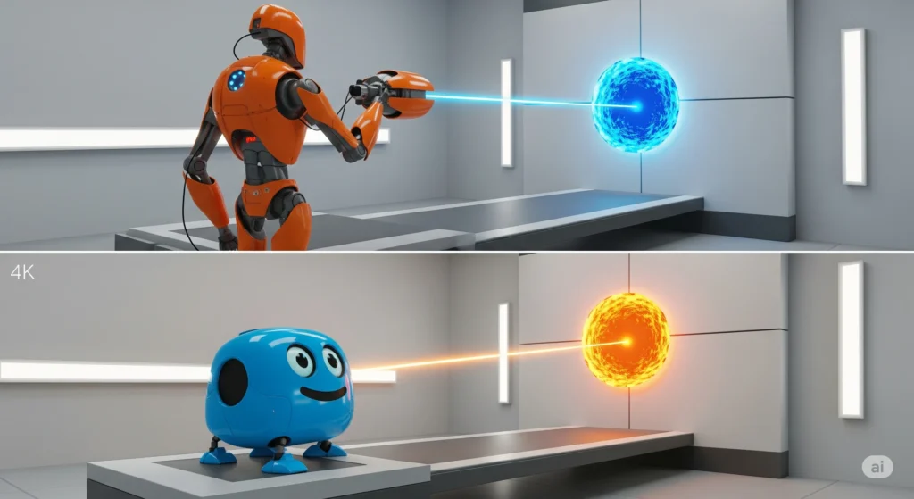 The two robots, Atlas and P-Body, from Portal 2's co-op mode working together to solve a puzzle in split-screen.