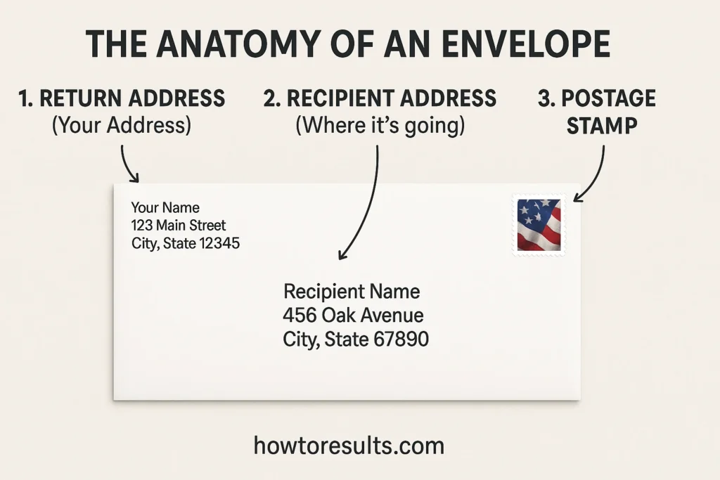 An infographic showing a diagram of an envelope with large, clear labels for the return address, recipient's address, and postage stamp area.