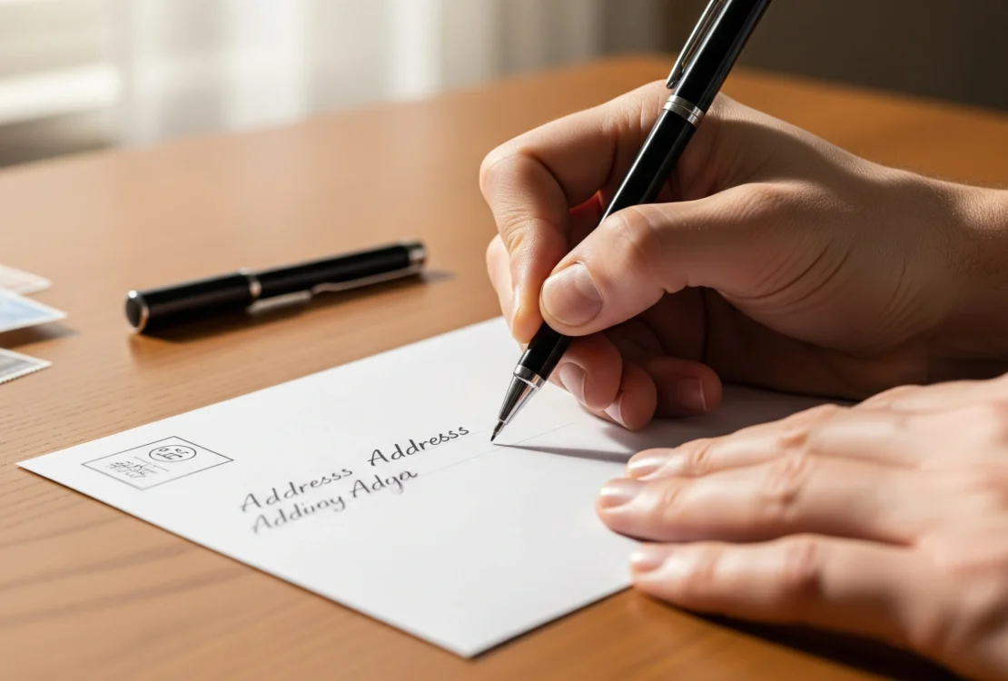 A person carefully demonstrates how to address an envelope, writing the recipient's address in the center with a black pen.