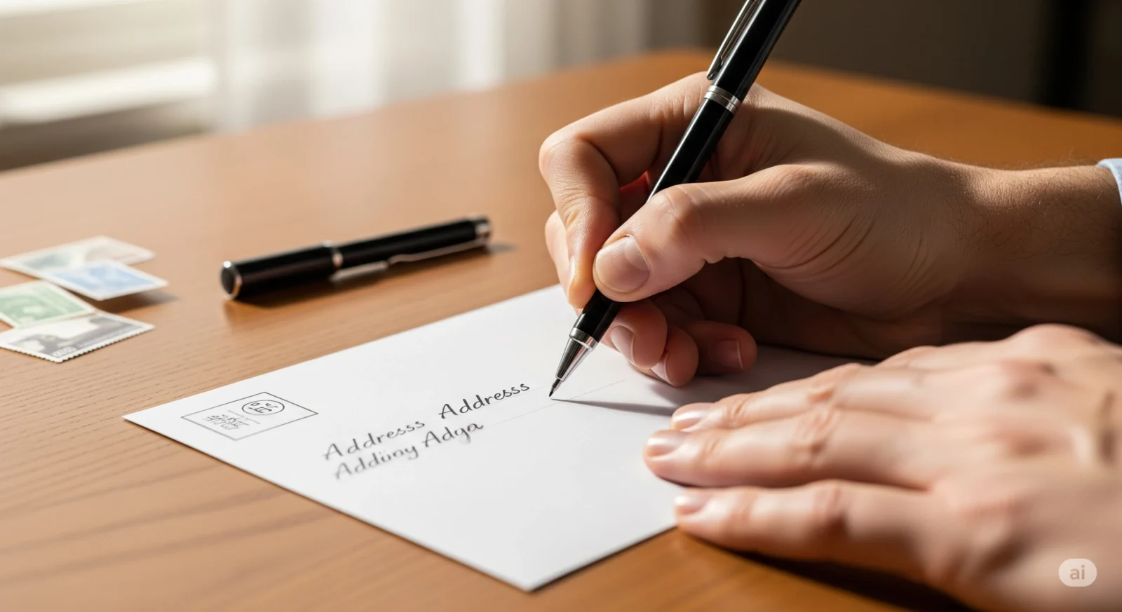 A person carefully demonstrates how to address an envelope, writing the recipient's address in the center with a black pen.