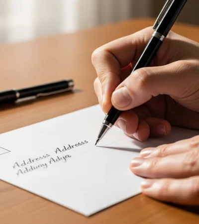 A person carefully demonstrates how to address an envelope, writing the recipient's address in the center with a black pen.