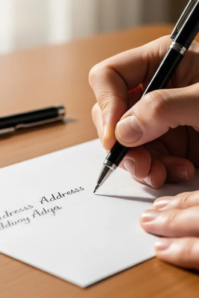 A person carefully demonstrates how to address an envelope, writing the recipient's address in the center with a black pen.