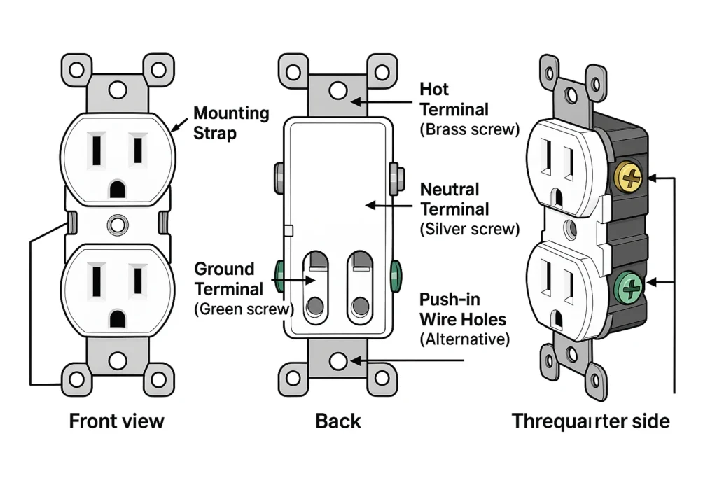 Labeled technical illustration showing front, back, and three-quarter side views of a standard 15-amp American electrical outlet with hot, neutral, and ground terminals