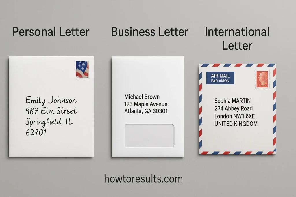 Three different envelopes displayed side-by-side, with clear titles above each: 'Personal Letter', 'Business Letter', and 'International Letter'.