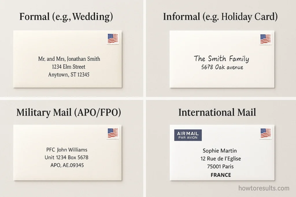 A four-quadrant image displaying how to address envelopes for formal, informal, military, and international scenarios, with each section clearly labeled.