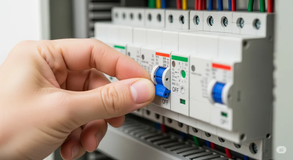 A hand turning off a circuit breaker to safely start the process of how to wire an outlet.