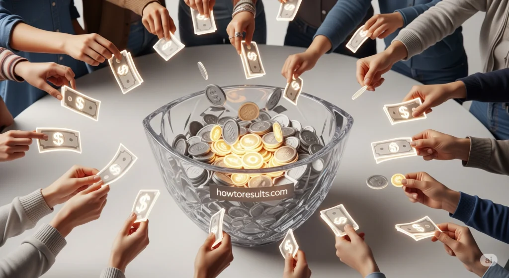 A photorealistic image of many hands putting money into a large glass bowl, symbolizing the collection of insurance premiums from many policyholders to create a shared fund. The image includes the howtoresults.com watermark.