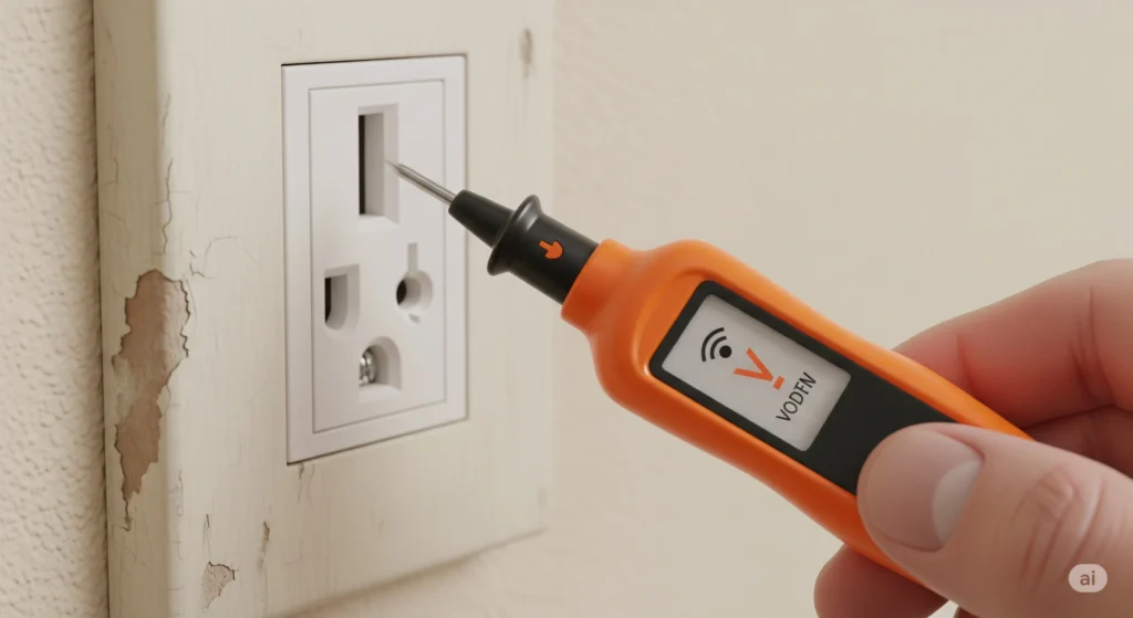 A non-contact voltage tester held up to an outlet, confirming the power is off.
