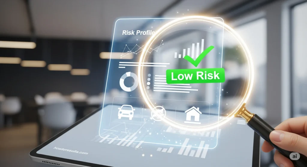 An image showing a magnifying glass closely examining a digital risk profile on a tablet, which represents the detailed process of insurance underwriting. The image includes the howtoresults.com watermark.
