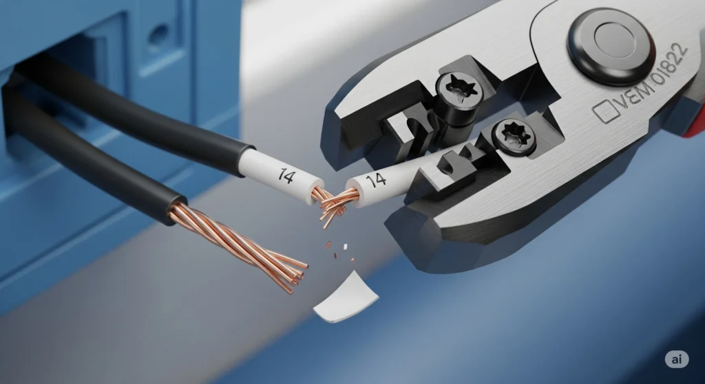 Using wire strippers to remove insulation from a white electrical wire.