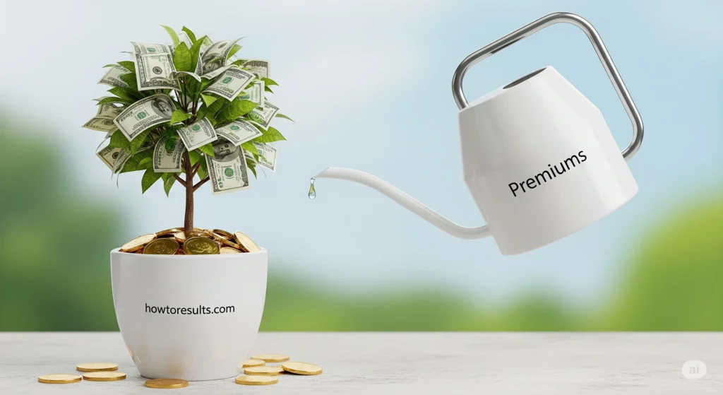 A photo of a money tree with dollar bills as leaves being watered by a can labeled "Premiums," symbolizing how insurance companies invest customer premiums to generate profit. The image includes the howtoresults.com watermark.