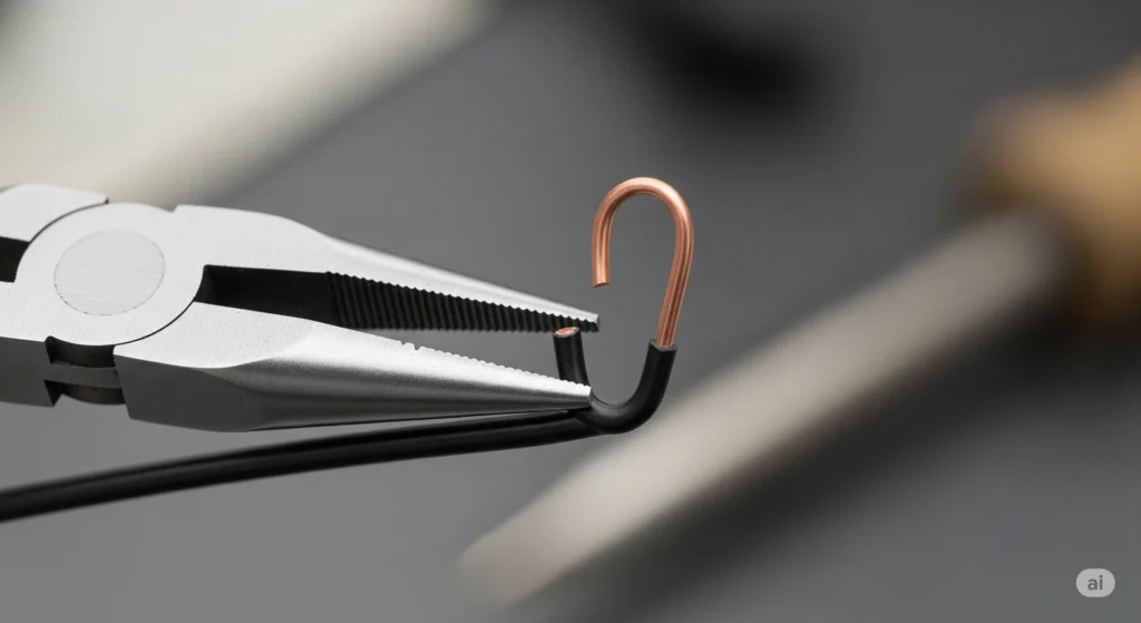 Needle-nose pliers bending the end of a wire into a J-hook for a secure connection.
