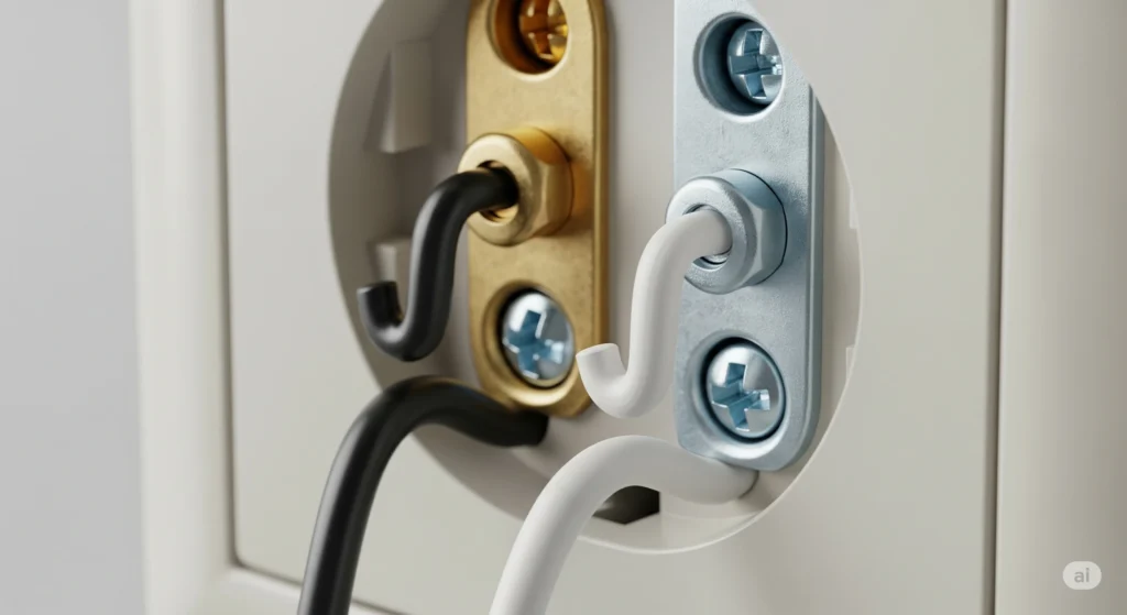 The black, white, and ground wires correctly connected to the terminal screws of an outlet.