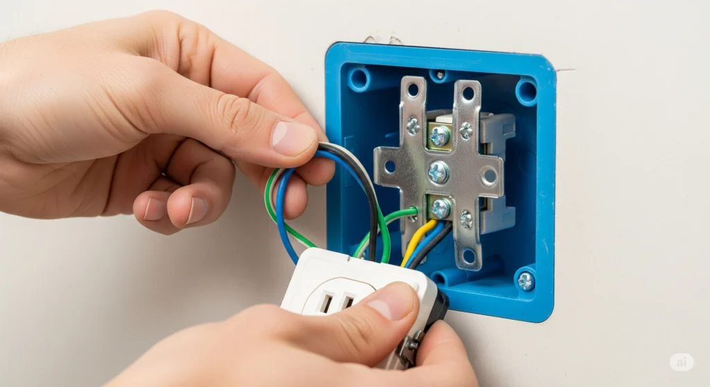 Hands carefully pushing a wired outlet back into the wall's electrical box.