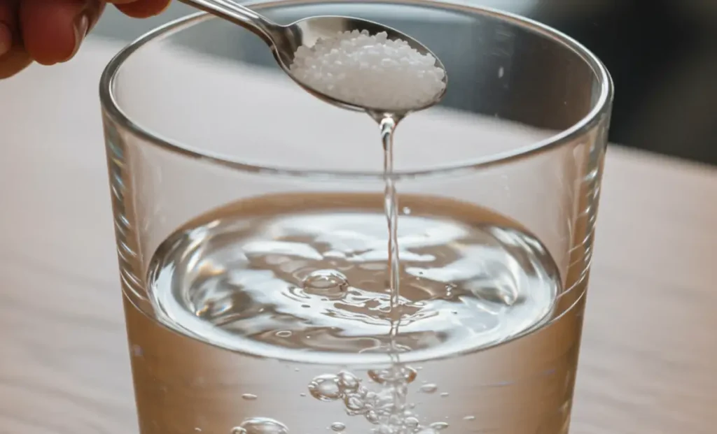 A person performing the action of Step 1: mixing salt into warm water for a rinse.