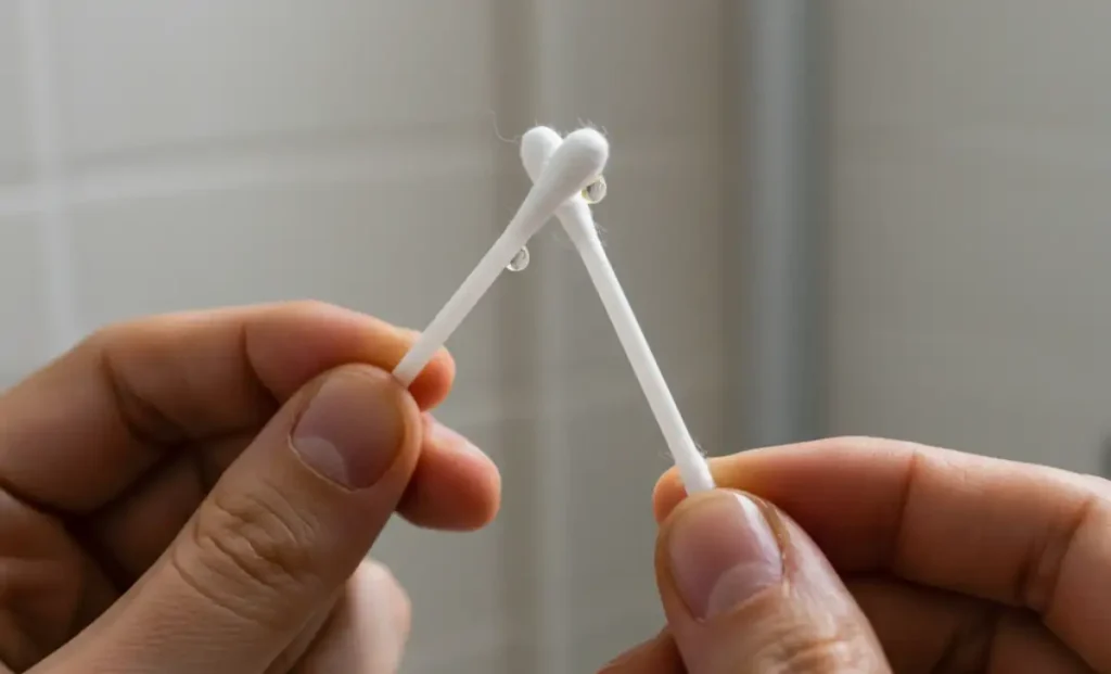 A person performing the action of Step 2: preparing to apply clove oil to a tooth with a cotton swab.