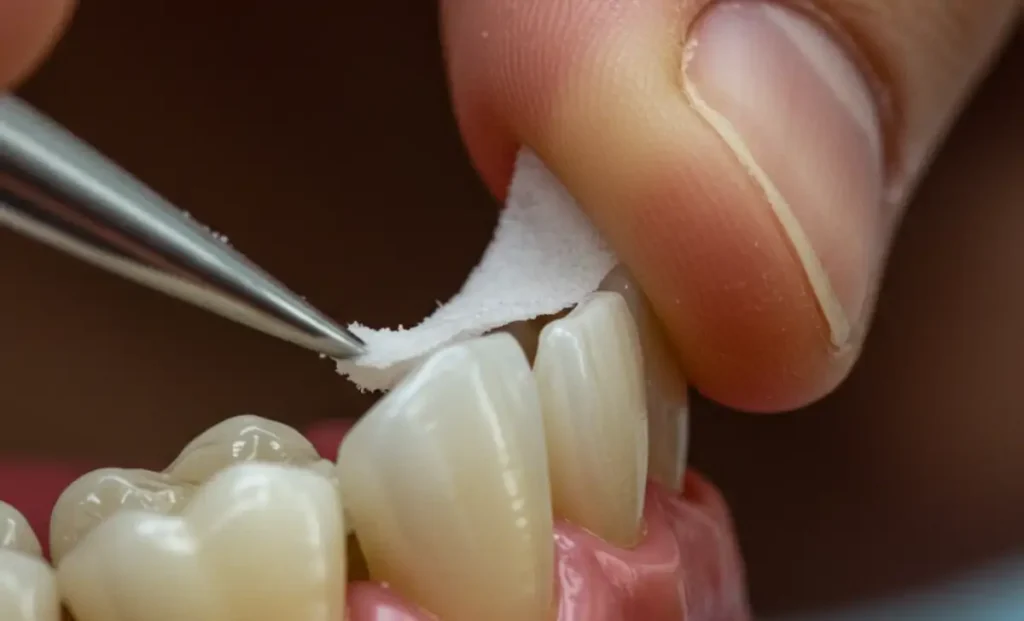 A person performing the action of Step 3: applying dental wax to protect a cracked tooth.