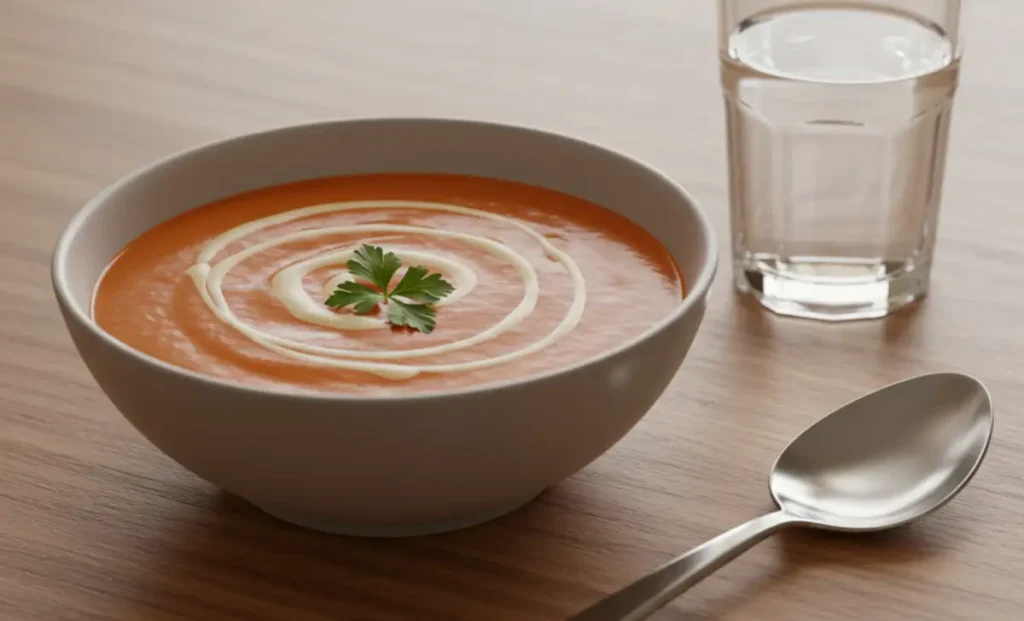 A person performing the action of Step 4: eating soft foods like soup to avoid irritating a cracked tooth.