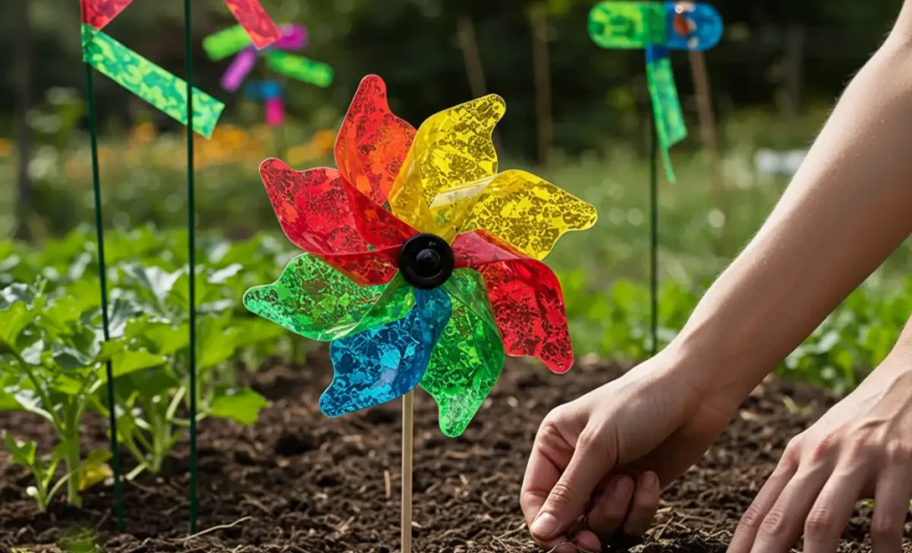 A person setting up a pinwheel in a garden to scare away groundhogs.