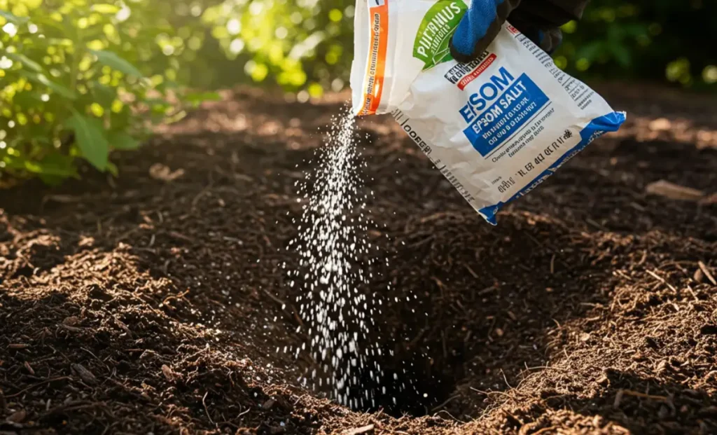 A person applying Epsom salt as a groundhog repellent around a burrow hole.