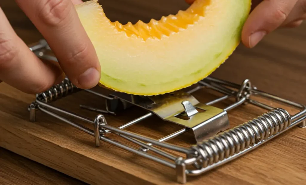 A person performing the action of Step 3: Baiting a humane trap with fresh cantaloupe.