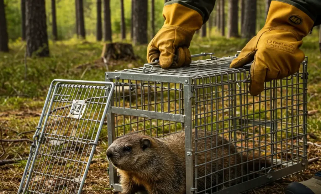 A person performing the action of Step 5: Releasing a captured groundhog humanely into a new, wooded area.