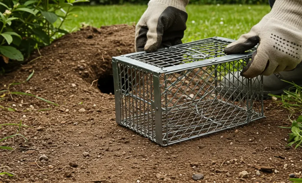 A person performing the action of Step 2: Placing a humane live trap outside a groundhog burrow.