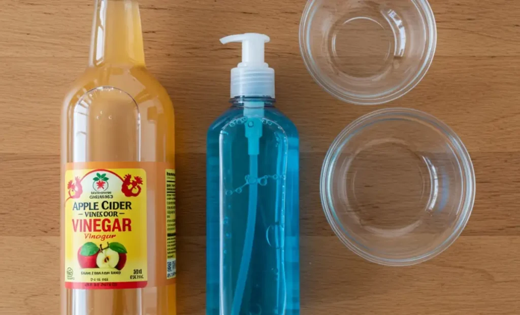 All the tools and materials for getting rid of gnats, including apple cider vinegar, dish soap, and a bowl, laid out on a table.
