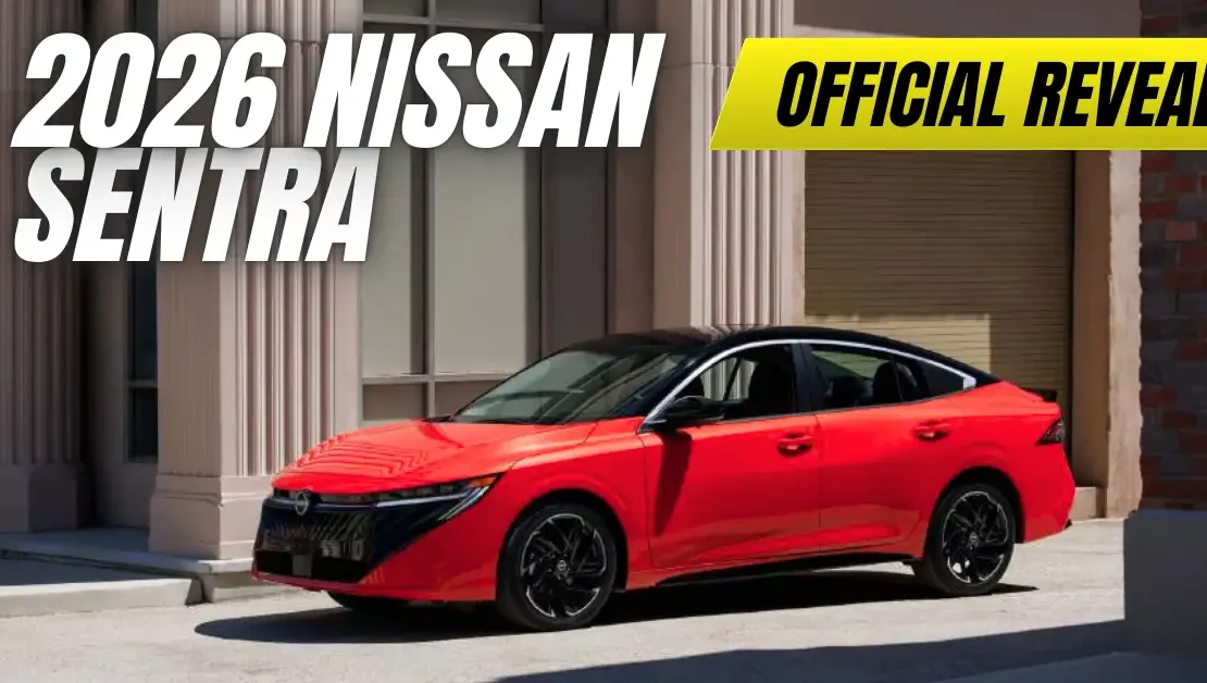The all-new 2026 Nissan Sentra in red, with text overlay reading 'Official Reveal.