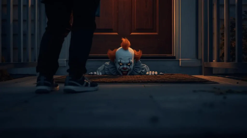 The Hogitpe 3D illusion doormat for Halloween porch decor, showing the terrifying effect of a horror movie clown looking up from a sewer grate.