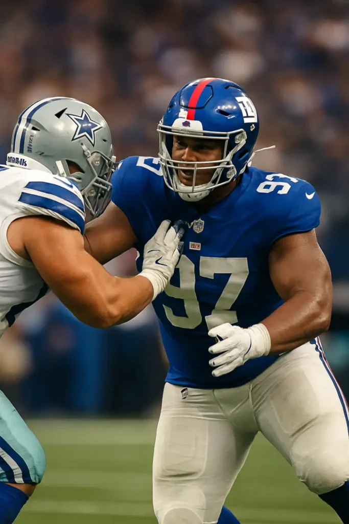 New York Giants defensive tackle Dexter Lawrence overpowers an offensive lineman to disrupt a play.