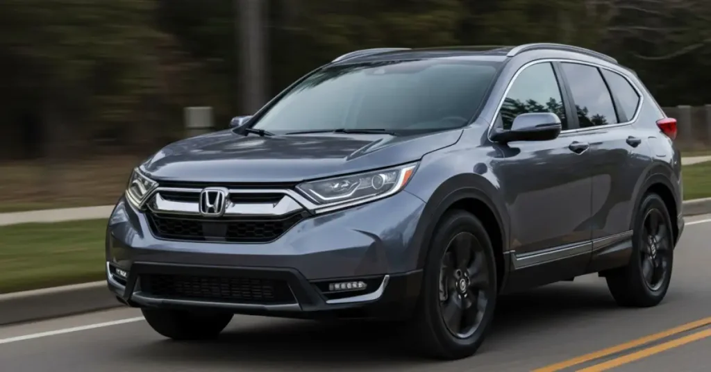 2025 Honda CR V compact SUV under 35000 driving on a suburban road in the US with strong fuel efficiency and reliability