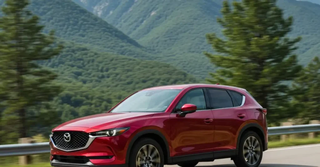 2025 Mazda CX 50 SUV under 35000 driving on a scenic US highway highlighting sporty handling and premium interiors