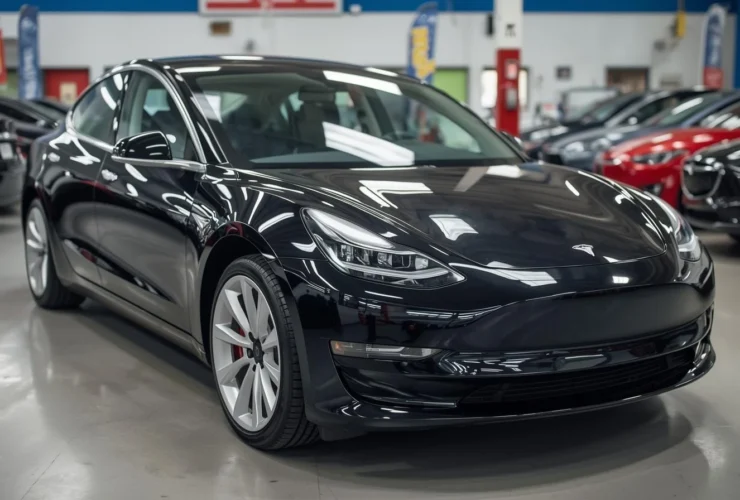 Tesla used car prices dropping in the US market showing a Tesla Model 3 parked at a dealership with price tags highlighting lower resale values.
