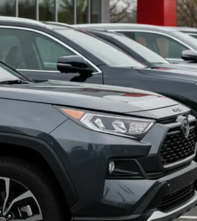 Top rated 2025 SUVs under 35000 in the US including Toyota RAV4 Honda CR V Hyundai Tucson Mazda CX 50 and Kia Sportage parked at a dealership