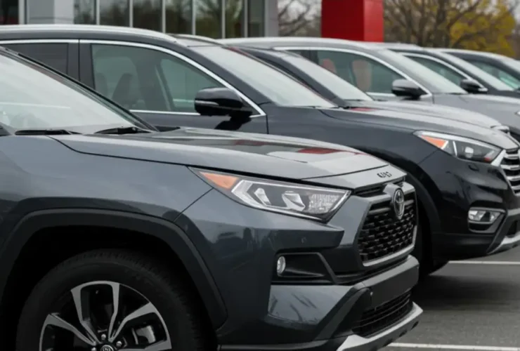 Top rated 2025 SUVs under 35000 in the US including Toyota RAV4 Honda CR V Hyundai Tucson Mazda CX 50 and Kia Sportage parked at a dealership