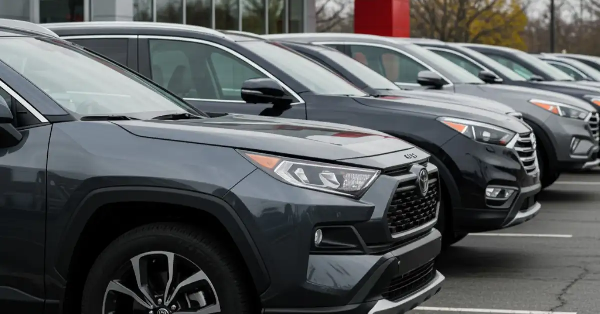 Top rated 2025 SUVs under 35000 in the US including Toyota RAV4 Honda CR V Hyundai Tucson Mazda CX 50 and Kia Sportage parked at a dealership
