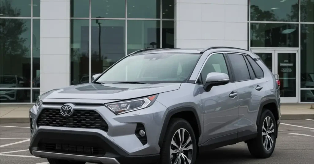 2025 Toyota RAV4 affordable SUV under 35000 parked at a US dealership highlighting reliability and safety features