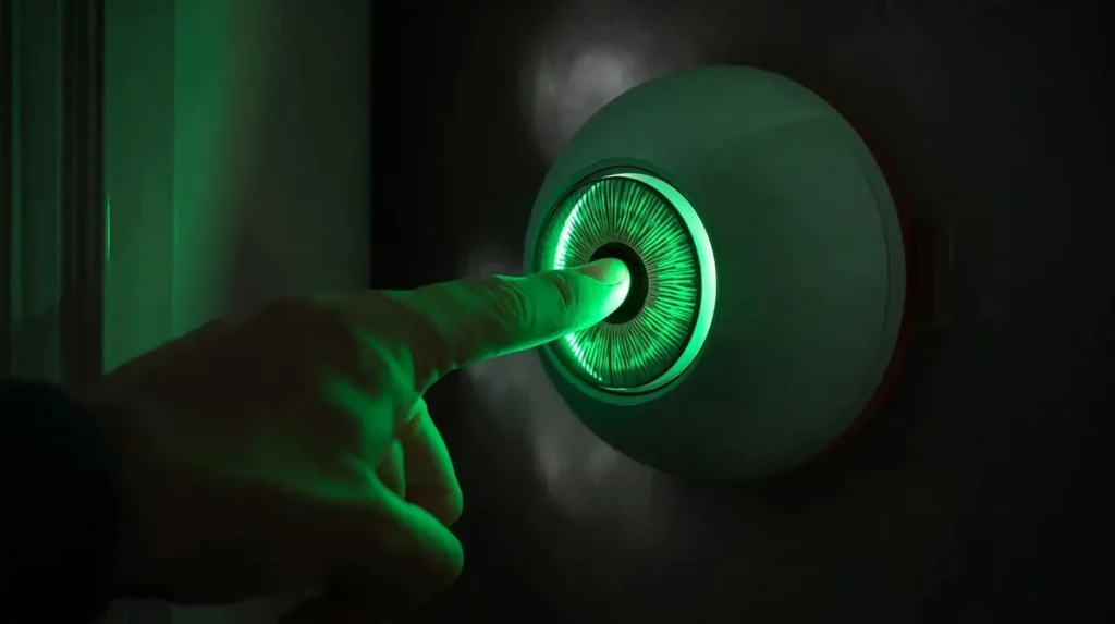 The KizBruo animated doorbell prop with its light-up green eyeball open, providing an interactive scare for Halloween porch decor.