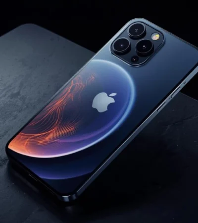 A front-angled shot of the new iPhone 17 Pro Max in the 'Titanium' color, showcasing its vibrant Super Retina XDR display and the new Proactive AI features on the Dynamic Island.