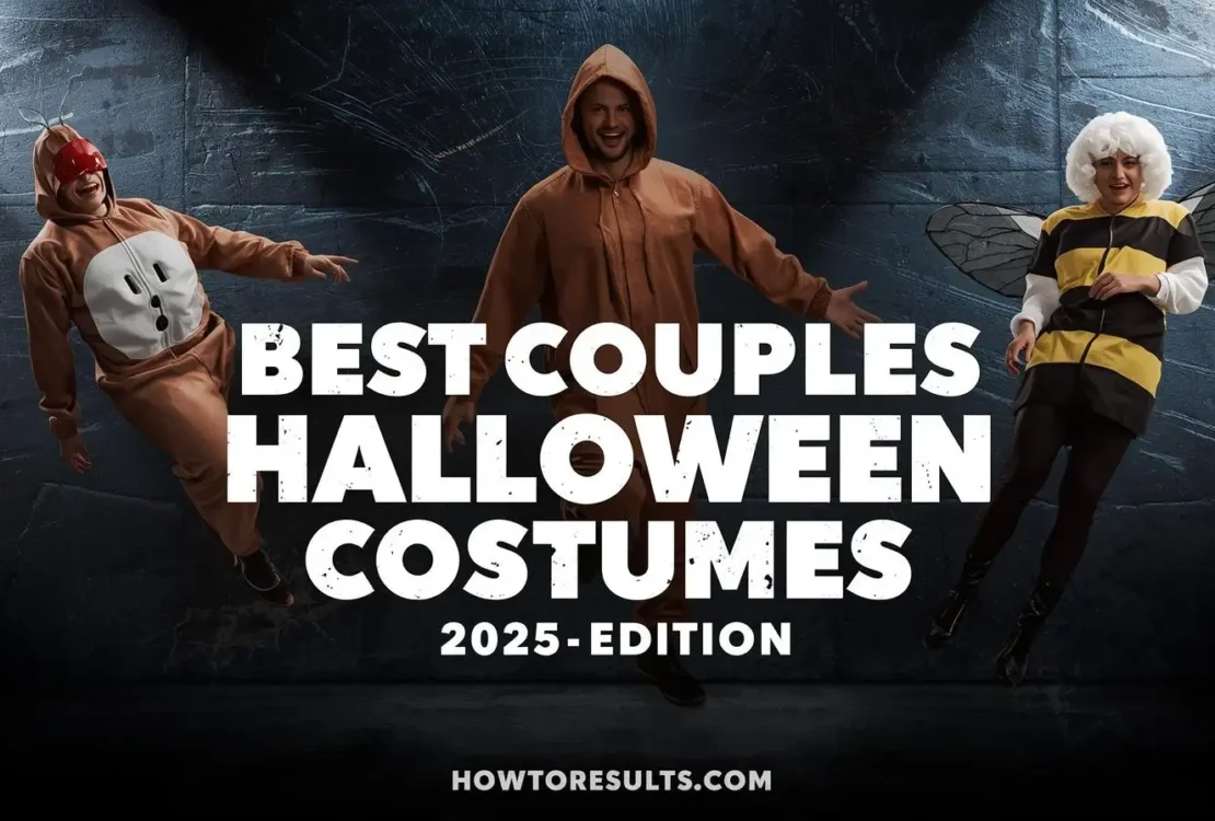 A dark, high-impact hero image for the best couples Halloween costumes 2025, featuring a dynamic arrangement of funny costumes like Peanut Butter & Jelly, with 'BEST COUPLES HALLOWEEN COSTUMES' text and howtoresults.com logo.
